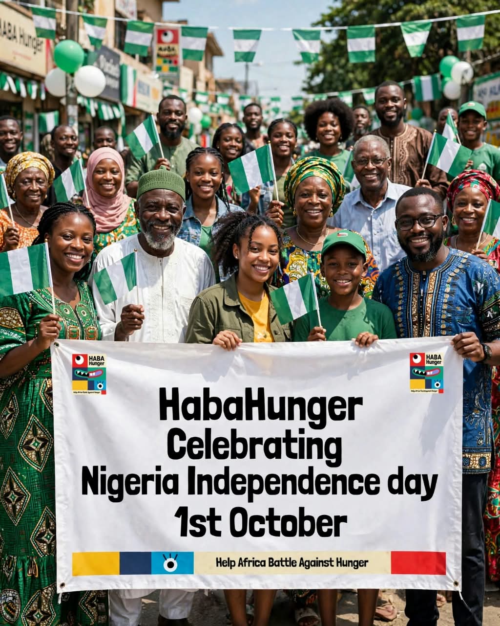 HABA Hunger community members celebrating Nigeria Independence Day with Nigerian flags