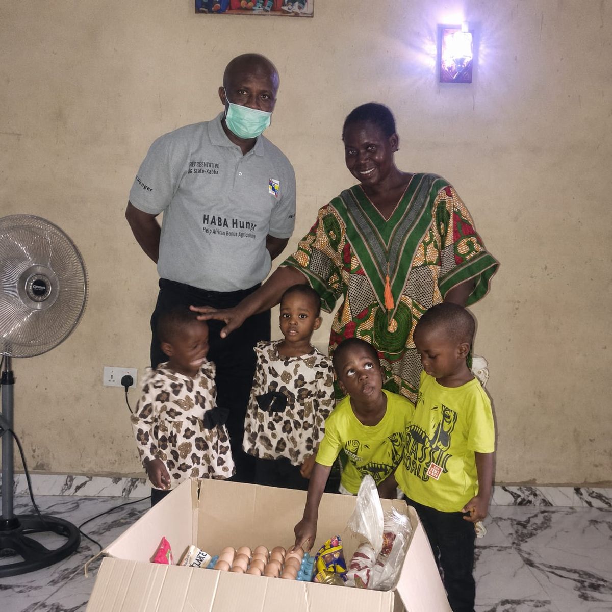 Staple foods — rice, beans and cooking oil — packed into HABA Hunger boxes for families in Abeokuta